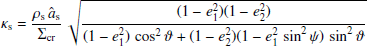 $$ \begin{aligned} \kappa _{\mathrm{s}}=\frac{\rho _{\rm s}\,\hat{a}_{\rm s}}{\Sigma _{\mathrm{cr}}}\, \sqrt{\frac{(1-e_1^2)(1-e_2^2)}{(1-e_1^2)\,\cos ^2\vartheta +(1-e_2^2)(1-e_1^2\,\sin ^2\psi )\,\sin ^2\vartheta }} \end{aligned} $$
