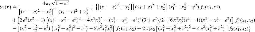 $$ \begin{aligned} \gamma _1(\boldsymbol{x})&=\frac{4\,\kappa _{\rm s}\,\sqrt{1-e^2}}{\left[(x_1-e)^2+x_2^2\right]^2\left[(x_1+e)^2+x_2^2\right]^2}\,\left\{ \left[(x_1-e)^2+x_2^2\right]\left[(x_1+e)^2+x_2^2\right](x_1^2-x_2^2-e^2)\,f_0(x_1,x_2) \right. \nonumber \\&\left.+\left[2\,e^2(x_1^2-1)\left[(x_1^2-x_2^2-e^2)^2-4\,x_1^2 x_2^2\right]-(x_1^2-x_2^2-e^2)^3(3+e^2)/2+ 6\,x_1^2x_2^2(e^2-1)(x_1^2- x_2^2-e^2)\right]\,f_1(x_1,x_2)\,\right. \\&\left. -\left[(x_1^2-x_2^2-e^2)\left([x_1^2+x_2^2]^2-e^4\right)-8\,e^2 x_1^2 x_2^2\right]\,f_2(x_1,x_2) +2\,x_1x_2\left[(x_1^2+x_2^2+e^2)^2-4\,e^2(x_2^2+e^2)\right]\,f_3(x_1,x_2) \right\} \nonumber \end{aligned} $$