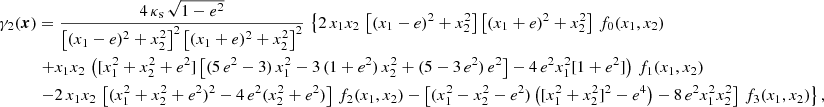 $$ \begin{aligned} \gamma _2(\boldsymbol{x})&=\frac{4\,\kappa _{\rm s}\,\sqrt{1-e^2}}{\left[(x_1-e)^2+x_2^2\right]^2\left[(x_1+e)^2+x_2^2\right]^2}\,\left\{ 2\,x_1x_2\,\left[(x_1-e)^2+x_2^2\right]\left[(x_1+e)^2+x_2^2\right]\,f_0(x_1,x_2) \right. \nonumber \\&\left.+x_1x_2\,\left([x_1^2+x_2^2+e^2]\left[(5\,e^2-3)\,x_1^2-3\,(1+e^2)\,x_2^2 +(5-3\,e^2)\,e^2\right]-4\,e^2x_1^2[1+e^2]\right)\,f_1(x_1,x_2)\right. \\&\left. -2\,x_1x_2\,\left[(x_1^2+x_2^2+e^2)^2-4\,e^2(x_2^2+e^2)\right]\,f_2(x_1,x_2) -\left[(x_1^2-x_2^2-e^2)\left([x_1^2+x_2^2]^2-e^4\right)-8\,e^2x_1^2x_2^2\right]\,f_3(x_1,x_2) \right\} ,\nonumber \end{aligned} $$