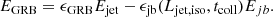 $$ \begin{aligned} E_{\mathrm{GRB} } = \epsilon _{\mathrm{GRB} }E_{\mathrm{jet} }-\epsilon _{\mathrm{jb} } (L_{\mathrm{jet,iso} },t_{\mathrm{coll} }) E_{jb}. \end{aligned} $$