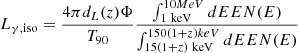 $$ \begin{aligned} L_{\gamma ,\mathrm{iso} } = \dfrac{4\pi d_L(z) \Phi }{T_{90}} \dfrac{\int _{1\ \mathrm{keV} }^{10 MeV} dE EN(E)}{\int _{15(1+z)\ \mathrm{keV} }^{150(1+z) keV} dE EN(E)} \end{aligned} $$