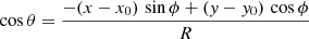 $$ \begin{aligned} \cos {\theta }=\frac{-(x-x_0)\,\sin {\phi }+({ y}-{ y}_0)\,\cos {\phi }}{R}\end{aligned} $$
