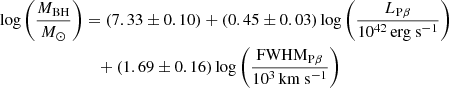 $$ \begin{aligned} \log \left( \frac{M_{\rm BH}}{M_{\odot }} \right)&= \left( 7.33 \pm 0.10 \right) + \left( 0.45 \pm 0.03 \right) \log \left( \frac{L_{\rm P\beta }}{\mathrm{10^{42}\,erg~s^{-1}}} \right) \nonumber \\&\quad + \left( 1.69 \pm 0.16 \right) \log \left( \frac{\mathrm{FWHM_{P\beta }}}{\mathrm{10^{3}\,km~s^{-1}}} \right) \end{aligned} $$