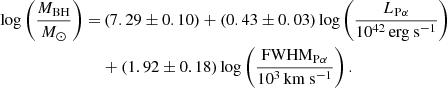 $$ \begin{aligned} \begin{aligned} \log \left( \frac{M_{\rm BH}}{M_{\odot }} \right) =&\left( 7.29 \pm 0.10 \right) + \left( 0.43 \pm 0.03 \right) \log \left( \frac{L_{\rm P\alpha }}{\mathrm{10^{42}\,erg~s^{-1}}} \right) \\&+ \left( 1.92 \pm 0.18 \right) \log \left( \frac{\mathrm{FWHM_{P\alpha }}}{\mathrm{10^{3}\,km~s^{-1}}} \right). \end{aligned} \end{aligned} $$