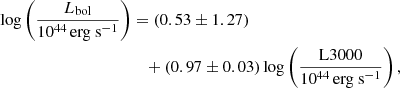 $$ \begin{aligned} \log \left( \frac{L_{\rm bol}}{\mathrm{10^{44}\,erg~s^{-1}}} \right)&= \left(0.53 \pm 1.27\right) \nonumber \\&\quad +\left( 0.97 \pm 0.03 \right) \log \left( \frac{\mathrm{L3000}}{\mathrm{10^{44}\,erg~s^{-1}}} \right), \end{aligned} $$