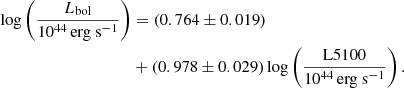 $$ \begin{aligned} \log \left( \frac{L_{\rm bol}}{\mathrm{10^{44}\,erg~s^{-1}}} \right)&= \left(0.764 \pm 0.019\right)\nonumber \\&+\left( 0.978 \pm 0.029 \right) \log \left( \frac{\mathrm{L5100}}{\mathrm{10^{44}\,erg~s^{-1}}} \right). \end{aligned} $$
