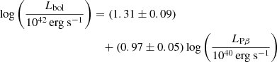 $$ \begin{aligned} \log \left( \frac{L_{\rm bol}}{\mathrm{10^{42}\,erg~s^{-1}}} \right)&= \left( 1.31 \pm 0.09 \right) \nonumber \\&\quad + \left( 0.97 \pm 0.05 \right) \log \left( \frac{L_{\rm P\beta }}{\mathrm{10^{40}\,erg~s^{-1}}} \right) \end{aligned} $$