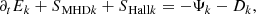 $$ \begin{aligned} \partial _t E_{k}+{S\!}_{\text{ MHD}k}+{S\!}_{\text{ Hall}k}=-\Psi _{k}-D_{k}, \end{aligned} $$