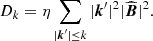 $$ \begin{aligned} D_{k}&=\eta \sum _{|\boldsymbol{k}^\prime |\le k} |\boldsymbol{k}^\prime |^{2}|\widehat{\boldsymbol{B}}|^{2}. \end{aligned} $$