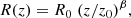 $$ \begin{aligned} R(z) = R_0 \; (z/z_0)^{\beta }, \end{aligned} $$