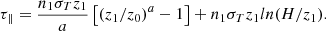 $$ \begin{aligned} \tau _{\parallel } = {{n_1 \sigma _T z_1} \over a} \left[(z_1/z_0)^a -1 \right] +n_1 \sigma _T z_1 ln(H/z_1). \end{aligned} $$