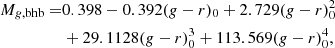 $$ \begin{aligned} \begin{aligned} M_{g,\mathrm{bhb}} =&0.398 - 0.392(g-r)_0 + 2.729(g-r)_0^2 \\&+29.1128(g-r)_0^3 + 113.569(g-r)_0^4, \end{aligned} \end{aligned} $$