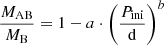 $$ \begin{aligned} \frac{M_\mathrm{AB} }{M_\mathrm{B} } = 1 - a \cdot \left(\frac{P_\mathrm{ini} }{\mathrm{d} } \right)^b \end{aligned} $$