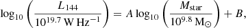 $$ \begin{aligned} \log _{10} \left(\frac{L_{144}}{10^{19.7}\,\mathrm{W\,Hz}^{-1}}\right) = A \log _{10} \left(\frac{M_{\mathrm{star} }}{10^{9.8}\,\mathrm{M}_{\odot }}\right) + B, \end{aligned} $$