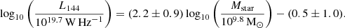 $$ \begin{aligned} \log _{10} \left(\frac{L_{144}}{10^{19.7}\,\mathrm{W\,Hz}^{-1}}\right) = (2.2 \pm 0.9) \log _{10} \left(\frac{M_{\mathrm{star} }}{10^{9.8}\,\mathrm{M}_{\odot }}\right) - (0.5 \pm 1.0). \end{aligned} $$