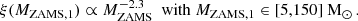 $$ \begin{aligned} \xi (M_{\rm ZAMS,1}) \propto M_{\rm ZAMS}^{-2.3}~~\mathrm{with} ~M_{\rm ZAMS,1}\in [5,150]~\mathrm{M} _\odot \,. \end{aligned} $$
