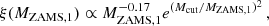 $$ \begin{aligned} \xi (M_{\mathrm{ZAMS,1} }) \propto M_{\mathrm{ZAMS,1} }^{-0.17}e^{(M_{\rm cut}/M_{\rm ZAMS,1})^2}\,, \end{aligned} $$