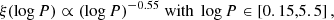 $$ \begin{aligned} \xi (\log P) \propto (\log P)^{-0.55}~\mathrm{with} ~\log P \in [0.15,5.5]\,, \end{aligned} $$
