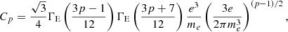 $$ \begin{aligned} C_{p}&= \frac{\sqrt{3}}{4} \Gamma _{\rm E} \left( \frac{3p-1}{12}\right) \Gamma _{\rm E} \left( \frac{3p+7}{12}\right) \frac{e^{3}}{m_{e}} \left( \frac{3e}{2 \pi m^{3}_{e} }\right)^{\left(p-1\right)/2}, \end{aligned} $$