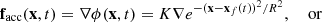 $$ \begin{aligned} \mathbf f _{\text{acc}}(\mathbf x ,t) = \nabla \phi (\mathbf x ,t) = K \nabla e^{ -(\mathbf x - \mathbf x_f (t))^2 /R^2 }, \quad \text{ or} \end{aligned} $$