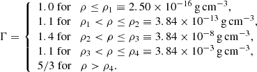 $$ \begin{aligned} \Gamma =\left\{ \begin{array}{l} 1.0\;\mathrm{for} \quad \rho \le \rho _1 \equiv 2.50 \times 10^{-16}\,\mathrm{g}\,\mathrm{cm}^{-3},\\ 1.1\;\mathrm{for} \quad \rho _1 < \rho \le \rho _2 \equiv 3.84 \times 10^{-13}\,\mathrm{g}\,\mathrm{cm}^{-3},\\ 1.4\;\mathrm{for} \quad \rho _2 < \rho \le \rho _3 \equiv 3.84 \times 10^{-8}\,\mathrm{g}\,\mathrm{cm}^{-3},\\ 1.1\;\mathrm{for} \quad \rho _3 < \rho \le \rho _4 \equiv 3.84 \times 10^{-3}\,\mathrm{g}\,\mathrm{cm}^{-3},\\ 5/3\;\mathrm{for} \quad \rho > \rho _4. \end{array}\right. \end{aligned} $$