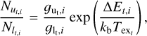 $\[\frac{N_{u_{t, i}}}{N_{l_{t, i}}}=\frac{g_{\mathrm{u}_t, i}}{g_{\mathrm{l}_{\mathrm{t}}, i}} \exp \left(\frac{\Delta E_{t, i}}{k_{\mathrm{b}} T_{\mathrm{ex}_t}}\right),\]$