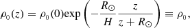 $$ \begin{aligned} \rho _{_{0}}(z) = \rho _{_{0}}(0) \mathrm{exp} \left(-\frac{R_{\odot }}{H} \frac{z}{z+R_{\odot }}\right) \equiv \rho _{_{0}}, \end{aligned} $$