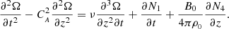 $$ \begin{aligned} \frac{\partial ^2 \Omega }{\partial t^2} - C_{_{A}}^2 \frac{\partial ^2 \Omega }{\partial z^2} = \nu \frac{\partial ^3 \Omega }{\partial z^2 \partial t} + \frac{\partial N_{1}}{\partial t} + \frac{B_{0}}{4\pi \rho _{_{0}}}\frac{\partial N_{4}}{\partial z}. \end{aligned} $$
