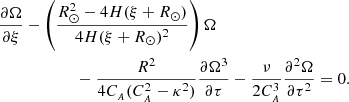 $$ \begin{aligned} \begin{aligned}&\frac{\partial \Omega }{\partial \xi } - \left(\frac{R_{\odot }^2-4H (\xi +R_{\odot })}{4H (\xi +R_{\odot })^2}\right) \Omega \\&\qquad \qquad \qquad - \frac{R^2}{4 C_{_{A}} (C_{_{A}}^2-\kappa ^2)} \frac{\partial \Omega ^3}{\partial \tau } - \frac{\nu }{2 C_{_{A}}^3} \frac{\partial ^2 \Omega }{\partial \tau ^2} = 0. \end{aligned} \end{aligned} $$