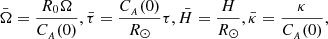$$ \begin{aligned} \begin{aligned}&\bar{\Omega }=\frac{R_0\Omega }{C_{_{A}}(0)}, \bar{\tau } = \frac{C_{_{A}}(0)}{R_{\odot }} \tau , \bar{H}=\frac{H}{R_{\odot }}, \bar{\kappa }=\frac{\kappa }{C_{_{A}}(0)}, \end{aligned} \end{aligned} $$