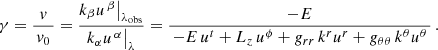 $$ \begin{aligned} \gamma = \frac{v}{\,v_0\,} = \frac{k_{\beta }u^{\,\beta }\big |_{\lambda _{\rm obs}}}{\,k_{\alpha }u^{\,\alpha }\big |_{\lambda }\,} = \frac{-E}{\,-E\,u^t+L_z\,u^{\phi }+g_{rr}\,k^ru^r+g_{\theta \theta }\,k^{\theta }u^{\theta }\,} \,. \end{aligned} $$