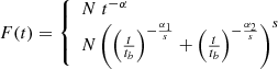 $$ \begin{aligned} F(t)= \left\{ \begin{array}{l} N \;t^{-\alpha }\\ N \left( \left({{t}\over {t_b}}\right)^{-{{\alpha _1}\over {s} }} + \left({{t}\over {t_b}}\right)^{-{{\alpha _2}\over {s} }} \right)^s \end{array}\right. \end{aligned} $$