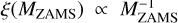 $\xi \left( {{M_{{\rm{ZAMS}}}}} \right) \propto M_{{\rm{ZAMS}}}^{ - 1}$