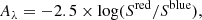 $$ \begin{aligned} A_{\lambda } = -2.5\times \log (S^\mathrm{red}/S^\mathrm{blue}), \end{aligned} $$
