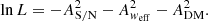 $$ \begin{aligned} \ln L = - A^2_{\mathrm{S/N}} - A^2_{{ w}_{\rm eff}} - A^2_{\mathrm{DM}}. \end{aligned} $$