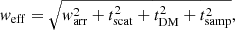 $$ \begin{aligned} { w}_{\mathrm{eff}}=\sqrt{{ w}_{\mathrm{arr}}^{2}+t_{\mathrm{scat}}^{2}+t_{\mathrm{DM}}^{2}+t_{\mathrm{samp}}^{2}}, \end{aligned} $$