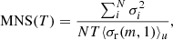 $$ \begin{aligned} \mathrm{MNS}(T) = \frac{\sum _i^N \sigma _i^2}{NT\langle \sigma _{\rm r} (m,1)\rangle _u} ,\end{aligned} $$