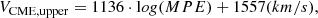 $$ \begin{aligned} V_{\rm CME, upper} = 1136 \cdot \mathrm {log(MPE)} + 1557 \mathrm {(km/s)}, \end{aligned} $$