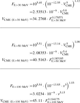 $$ \begin{aligned} F_{\mathrm{E>30~MeV} } =&10^{5.46} \cdot \left(10^{-12.55}\cdot V_{\mathrm{CME} }^5\right)^{1.12}\\ =&2.53513\cdot 10^{-9}\cdot V_{\mathrm{CME} }^{5.6}\nonumber \\ V_{\mathrm{CME~(E>30~MeV)} } =&34.2768 \cdot F_{\mathrm{E>30~MeV} }^{0.178571} \\&\nonumber \\ \hline \nonumber \\&\nonumber \\ F_{\mathrm{E>60~MeV} } =&10^{5.51} \cdot \left(10^{-13.14}\cdot V_{\mathrm{CME} }^5\right)^{1.08}\\ =&2.08353\cdot 10^{-9}\cdot V_{\mathrm{CME} }^{5.4}\nonumber \\ V_{\mathrm{CME~(E>60~MeV)} } =&40.5163 \cdot F_{\mathrm{E>60~MeV} }^{0.185185}\\&\nonumber \\ \hline \nonumber \\&\nonumber \\ F_{\mathrm{E>100~MeV} } =&10^{5.54} \cdot \left(10^{-13.65}\cdot v^5\right)^{1.03}\\ =&3.0234\cdot 10^{-9}\cdot v^{5.15}\nonumber \\ V_{\mathrm{CME~(E>100~MeV)} } =&45.11 \cdot F_{\mathrm{E>100~MeV} }^{0.194175} \end{aligned} $$