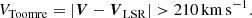 $$ \begin{aligned} V_{\mathrm{Toomre} }=\left|{\boldsymbol{V}}-{\boldsymbol{V}}_{\mathrm{LSR} }\right|> 210\,\mathrm{km\,s}^{-1}. \end{aligned} $$