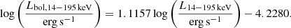 $$ \begin{aligned} \log \left(\frac{L_{\rm bol, 14-195\,keV}}{\mathrm{erg\,s^{-1}}}\right) = 1.1157 \log \left(\frac{L_{\rm 14-195\,keV}}{\mathrm{erg\,s^{-1}}}\right) - 4.2280. \end{aligned} $$