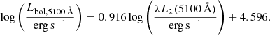 $$ \begin{aligned} \log \left(\frac{L_{\rm bol, 5100\,\AA }}{\mathrm{erg\,s^{-1}}}\right) = 0.916 \log \left(\frac{\lambda L_{\lambda }(5100\,\AA )}{\mathrm{erg\,s^{-1}}}\right) + 4.596. \end{aligned} $$