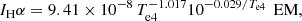 $$ \begin{aligned} I_\mathrm H\alpha = 9.41\times 10^{-8}\,T_{\mathrm{e} 4}^{-1.017}10^{-0.029/T_{\mathrm{e} 4}}\, \text{ EM} ,\end{aligned} $$