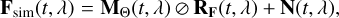 $\[\mathbf{F}_{\mathrm{sim}}(t, \lambda)=\mathbf{M}_{\Theta}(t, \lambda) \oslash \mathbf{R}_{\mathbf{F}}(t, \lambda)+\mathbf{N}(t, \lambda),\]$