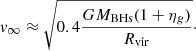 $$ \begin{aligned} { v}_{\infty } \approx \sqrt{ 0.4 \frac{G M_{\rm BHs} (1+ \eta _{g})}{R_{\rm vir}}}\cdot \end{aligned} $$