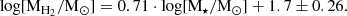 $$ \begin{aligned} \log [\mathrm{M}_{{\mathrm{H}_{2}}} / \mathrm{M}_{\odot }]&= 0.71 \cdot \log [\mathrm{M}_{\star }/\mathrm{M}_{\odot }] + 1.7 \pm 0.26. \end{aligned} $$