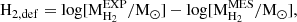 $$ \begin{aligned} {\mathrm{H}}_{2,\mathrm{def}}&= \log [\mathrm{M}_{{\mathrm{H}_{2}}}^{ \mathrm{EXP}}/ \mathrm{M}_{\odot }] - \log [\mathrm{M}_{{\mathrm{H}_{2}}}^{ \mathrm{MES}}/ \mathrm{M}_{\odot }], \end{aligned} $$