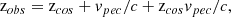 $$ \begin{aligned} \mathrm{z} _{obs} = \mathrm{z} _{cos} + v_{pec}/c + \mathrm{z} _{cos} v_{pec}/c, \end{aligned} $$