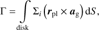 $\Gamma = \int_{{\rm{disk }}} {{\Sigma _i}} \left( {{{\bf{r}}_{{\rm{pl}}}} \times {{\bf{a}}_{\rm{g}}}} \right){\rm{d}}S,$
