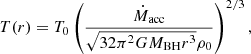 $$ \begin{aligned} T(r) = T_{0}\left(\frac{\dot{M}_{\rm acc}}{\sqrt{32\pi ^2GM_{\rm BH}r^3} \rho _{0}}\right)^{2/3} ,\end{aligned} $$